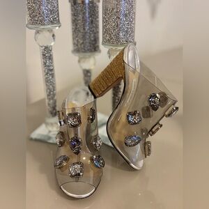 Jimmy Choo Metallic Silver Leather  Transparent Heels with Crystals